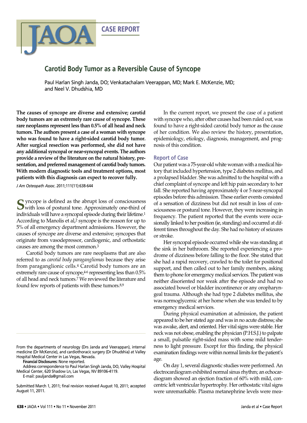 CASE REPORT Carotid Body Tumor As a Reversible Cause of Syncope