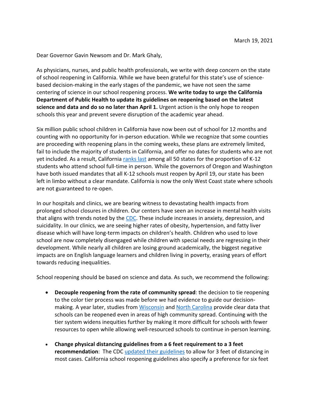 March 19, 2021 Dear Governor Gavin Newsom and Dr. Mark Ghaly, As Physicians, Nurses, and Public Health Professionals, We Write W