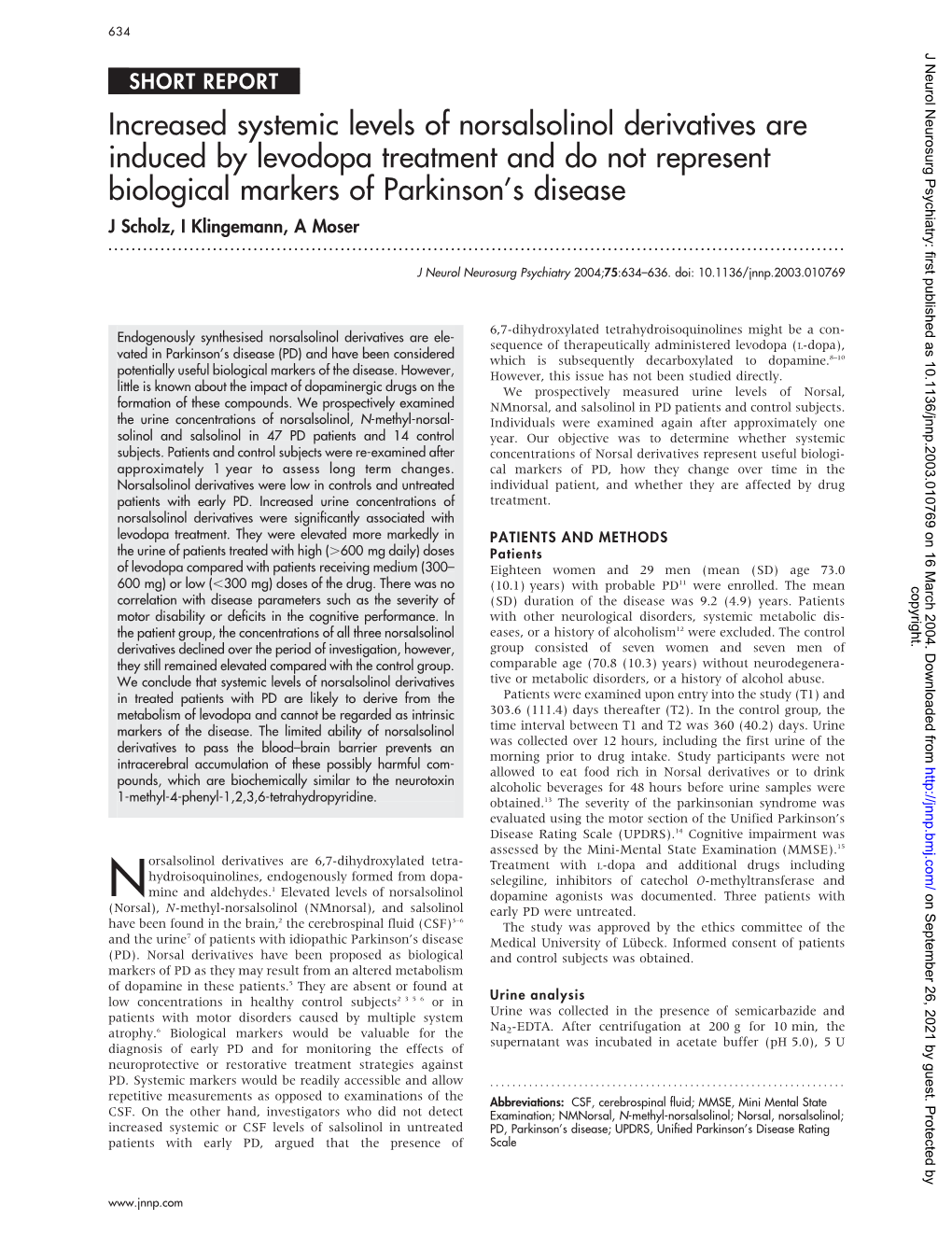 Increased Systemic Levels of Norsalsolinol Derivatives Are