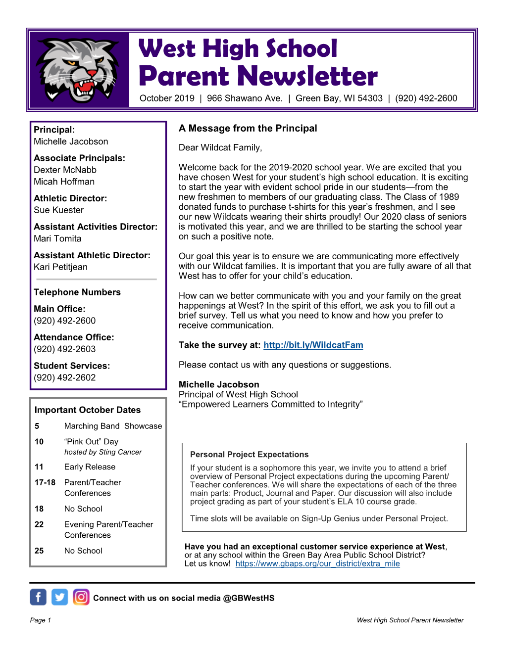 Parent Newsletter October 2019 | 966 Shawano Ave