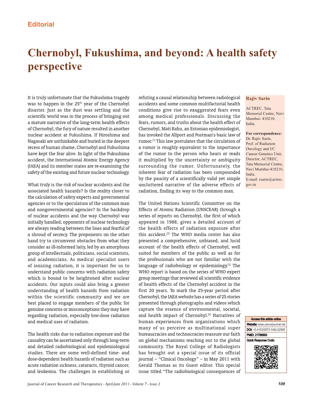 Chernobyl, Fukushima, and Beyond: a Health Safety Perspective