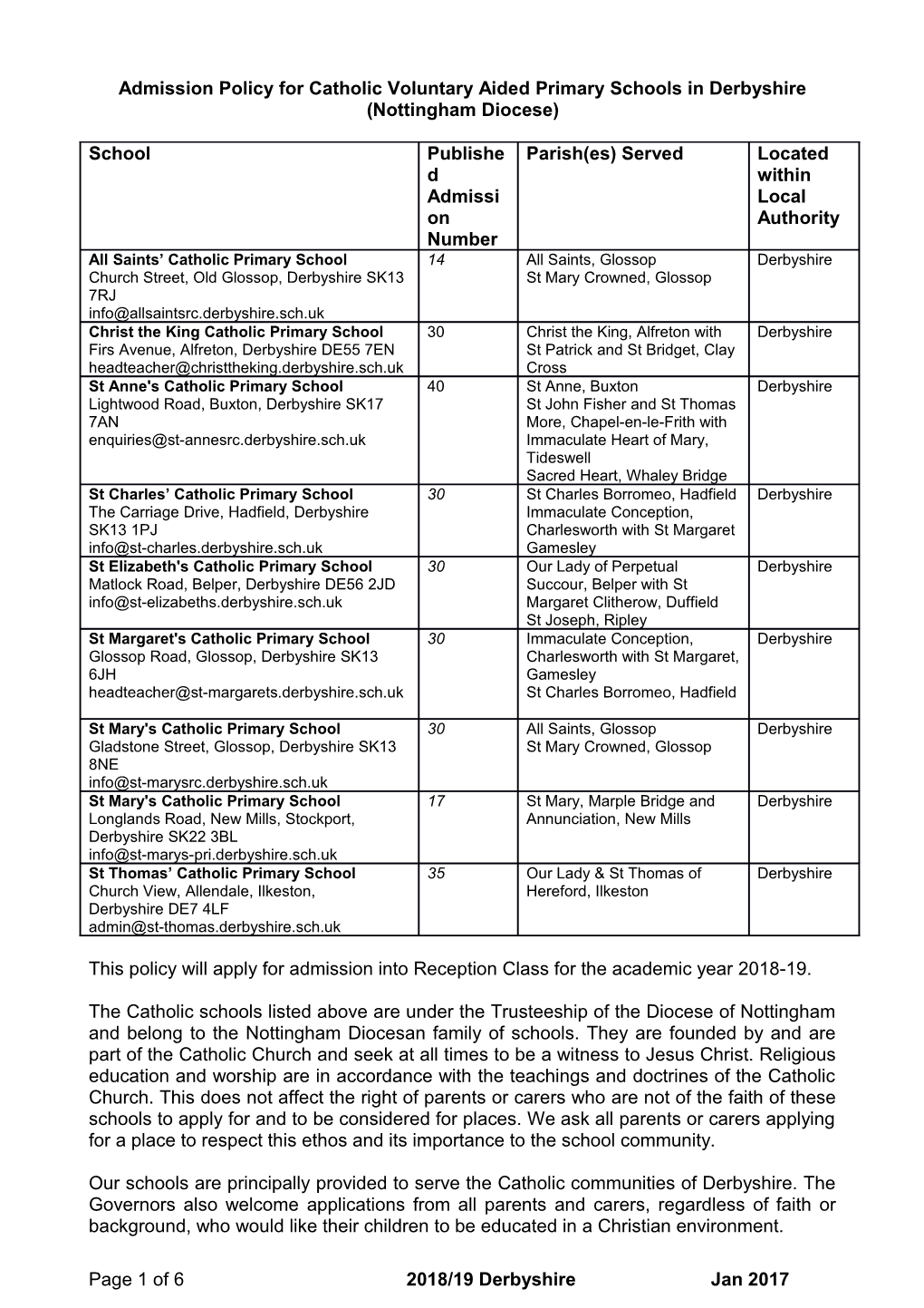 Admission Policy for Catholic Voluntary Aided Primary Schools in Derbyshire (Nottingham