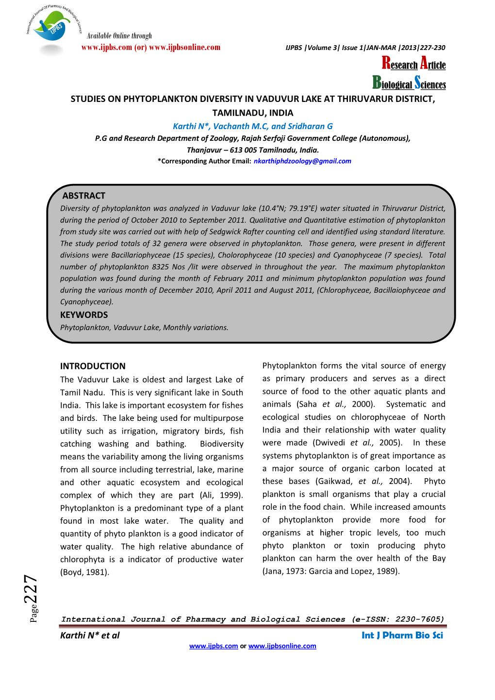 Studies on Phytoplankton Diversity in Vaduvur Lake at Thiruvarur District