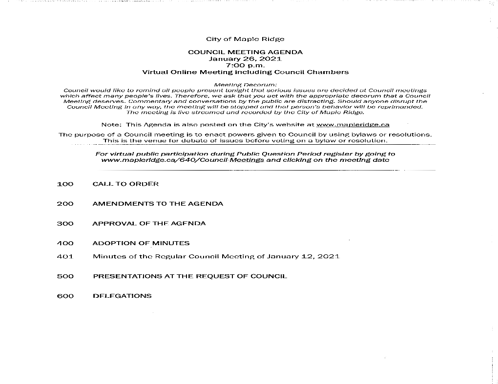 January 26, 2021 Council Meeting Agenda and Reports