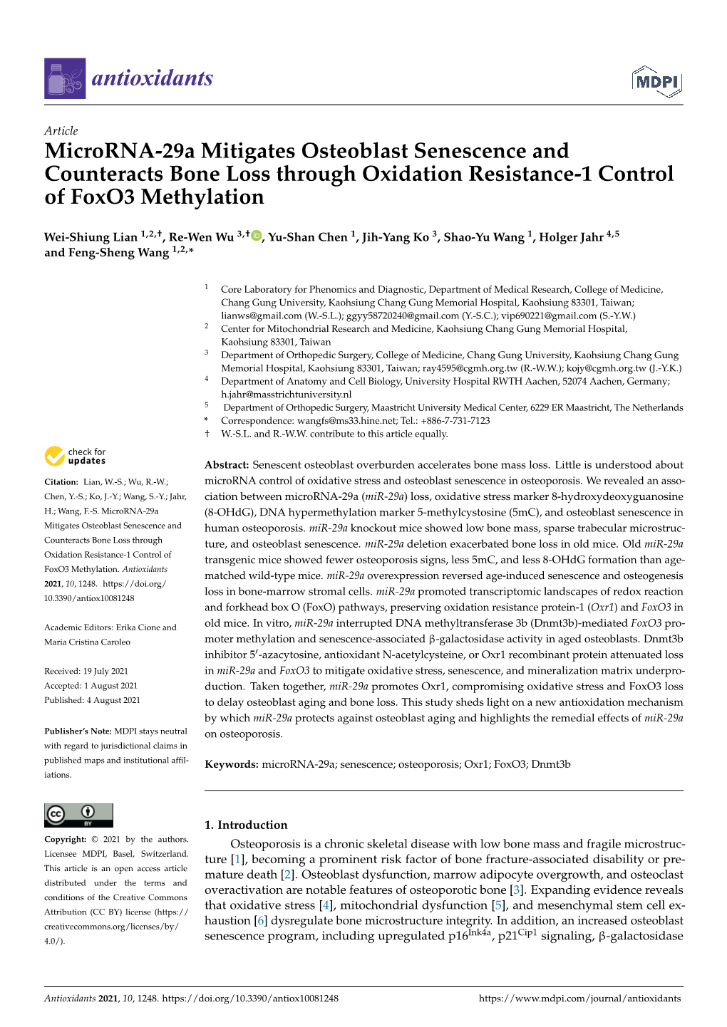 Microrna-29A Mitigates Osteoblast Senescence and Counteracts Bone Loss Through Oxidation Resistance-1 Control of Foxo3 Methylation