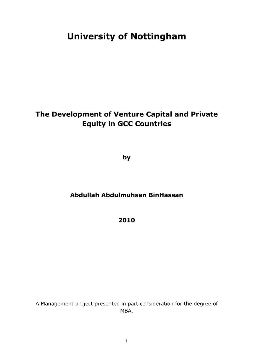 University of Nottingham the Development of Venture Capital