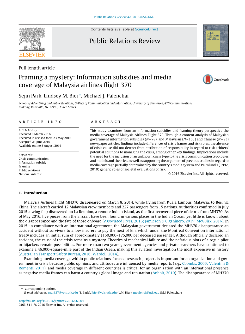 Framing a Mystery: Information Subsidies and Media Coverage of Malaysia Airlines Flight