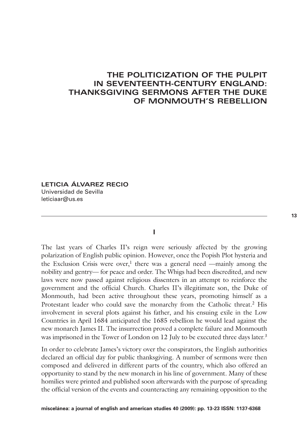 The Politicization of the Pulpit in Seventeenth-Century England: Thanksgiving Sermons After the Duke of Monmouth’S Rebellion