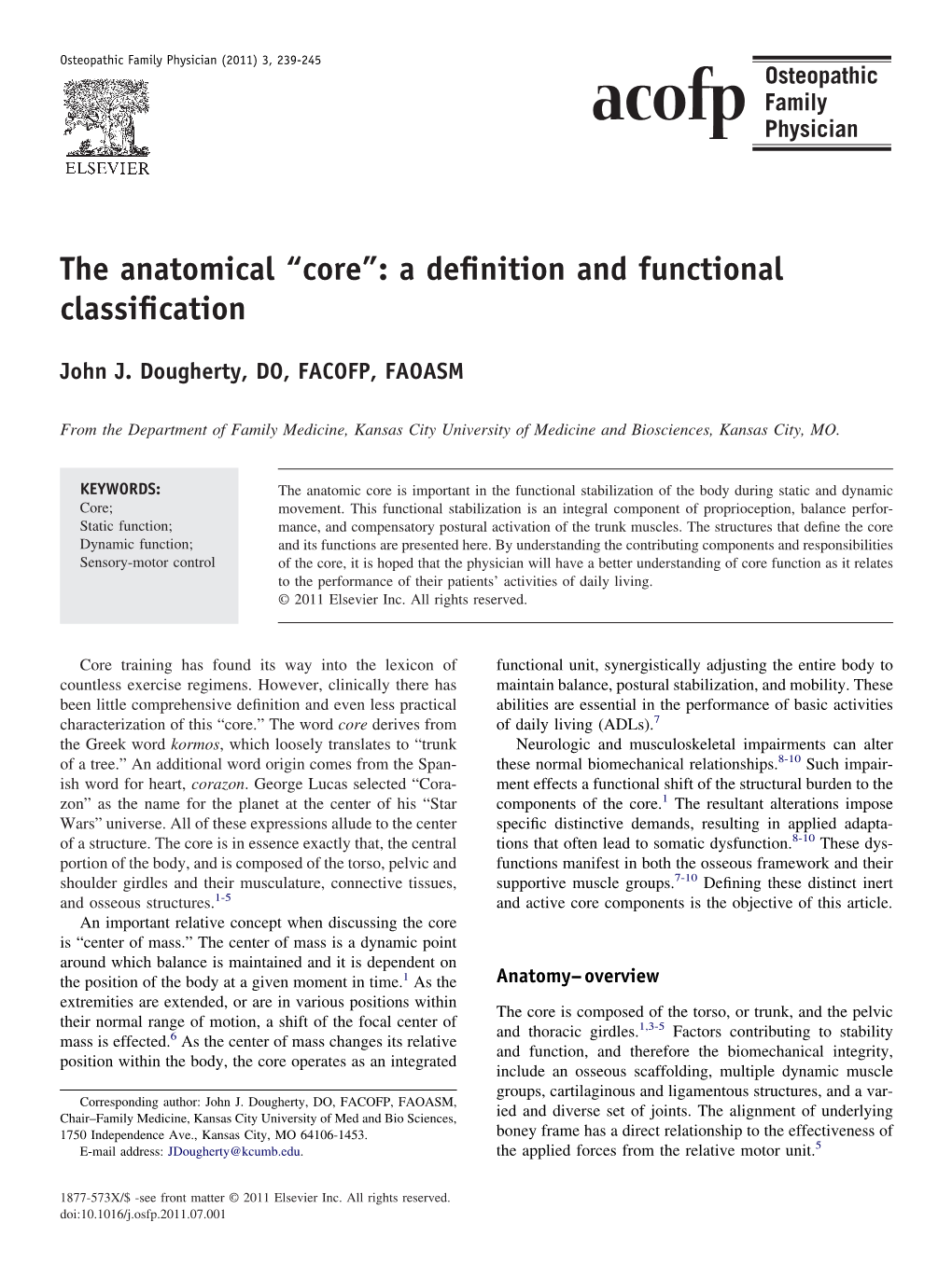 The Anatomical “Core”: a Deﬁnition and Functional Classiﬁcation