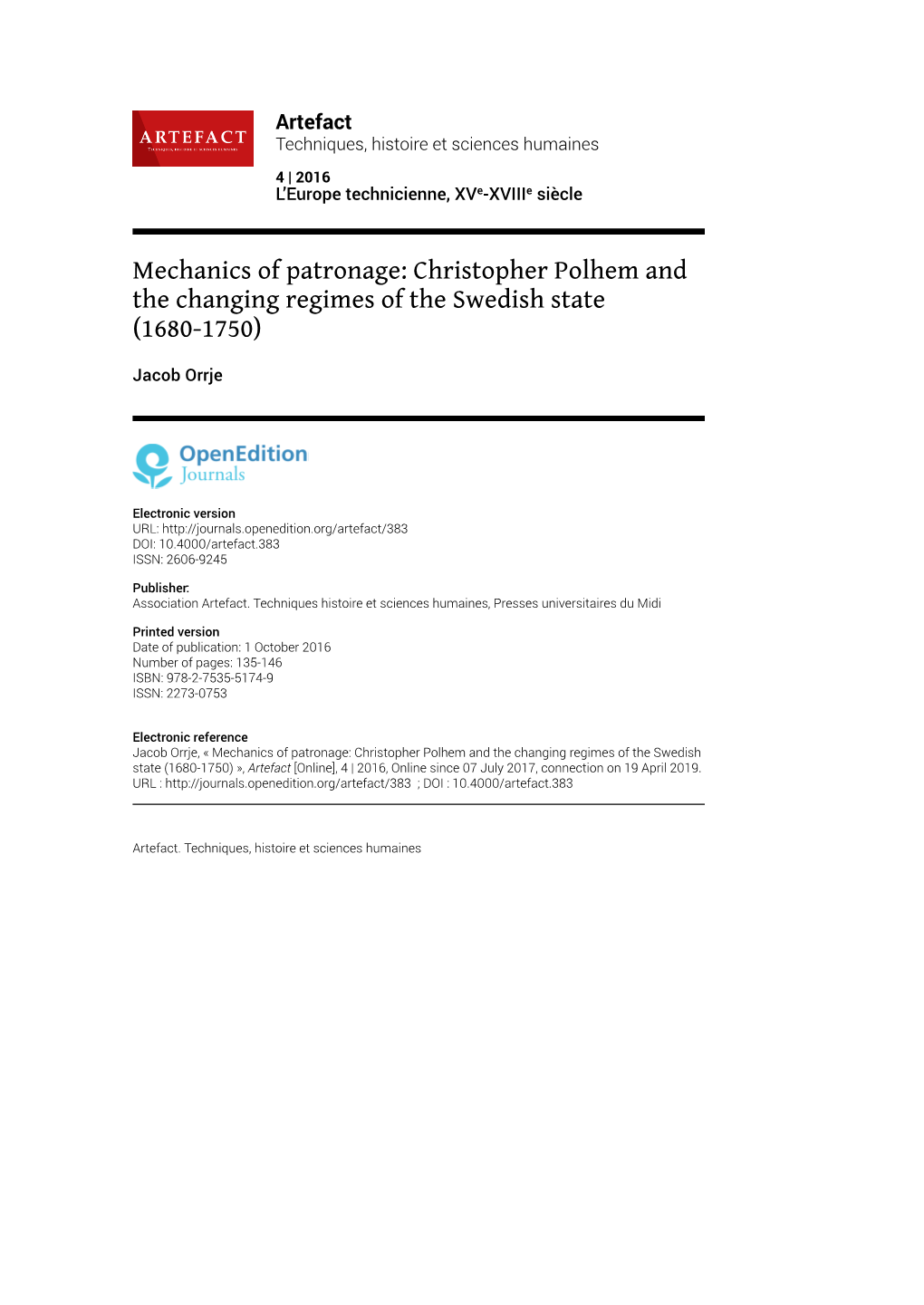 Mechanics of Patronage: Christopher Polhem and the Changing Regimes of the Swedish State \(1680-1750\)