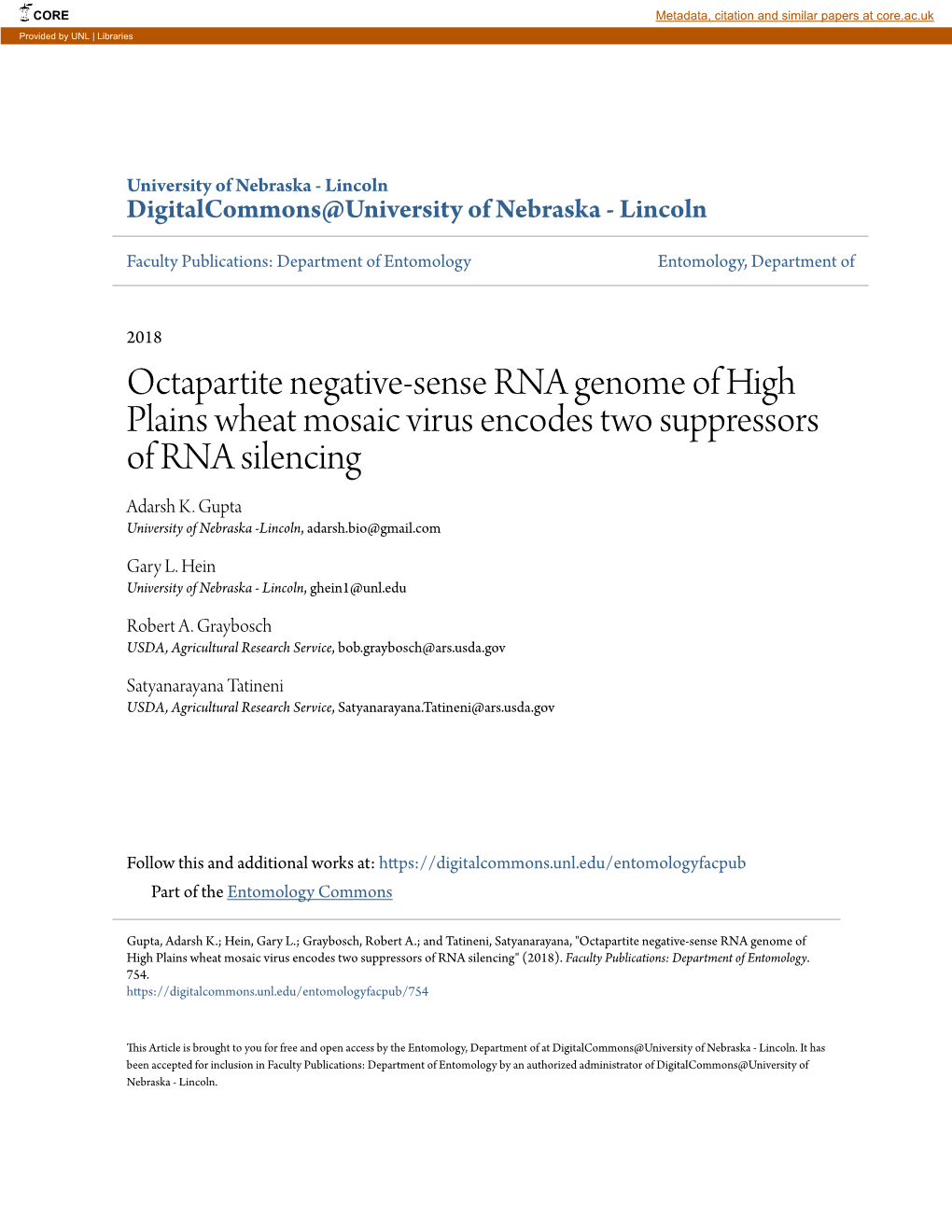 Octapartite Negative-Sense RNA Genome of </I>High Plains