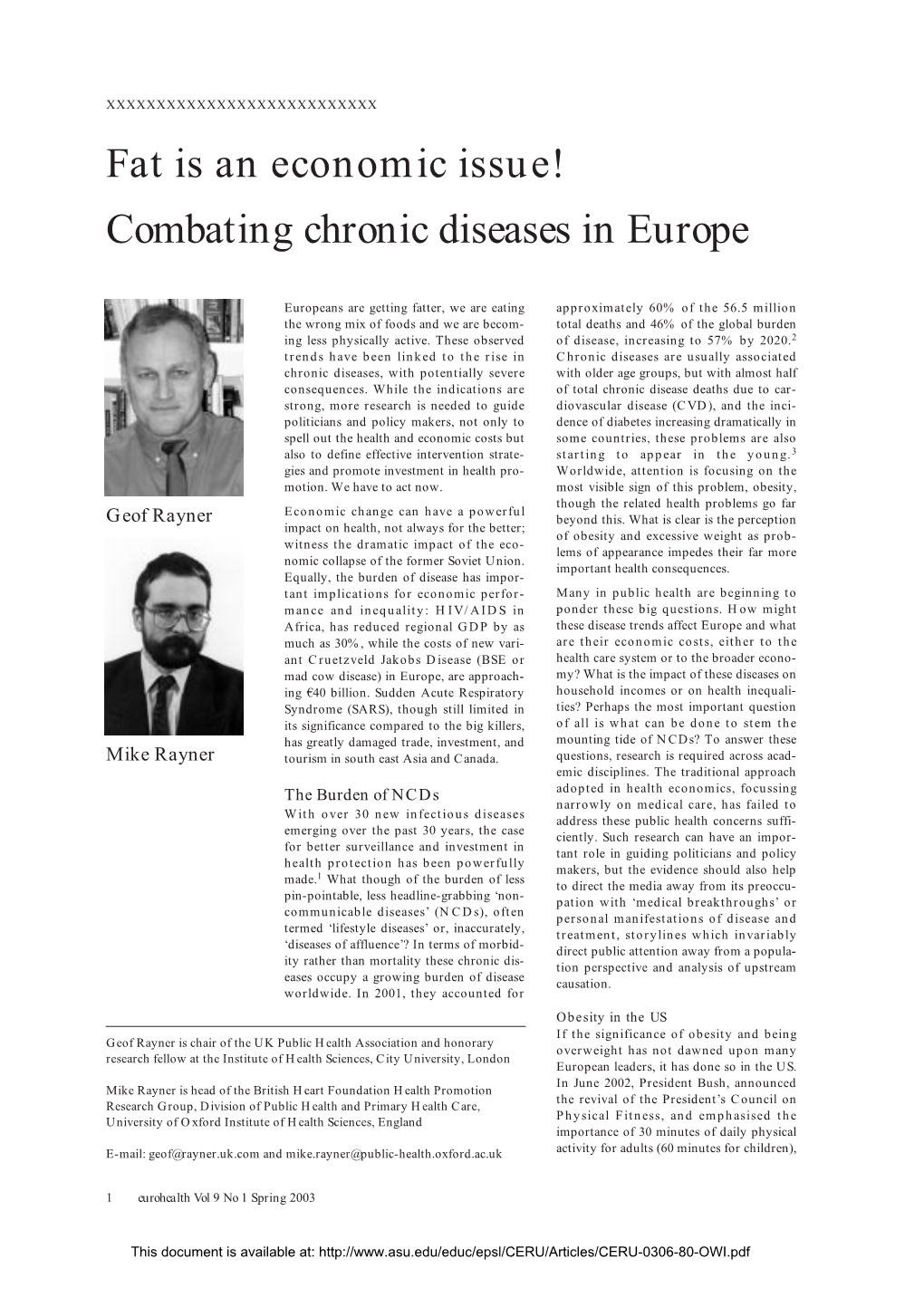 Fat Is an Economic Issue! Combating Chronic Diseases in Europe