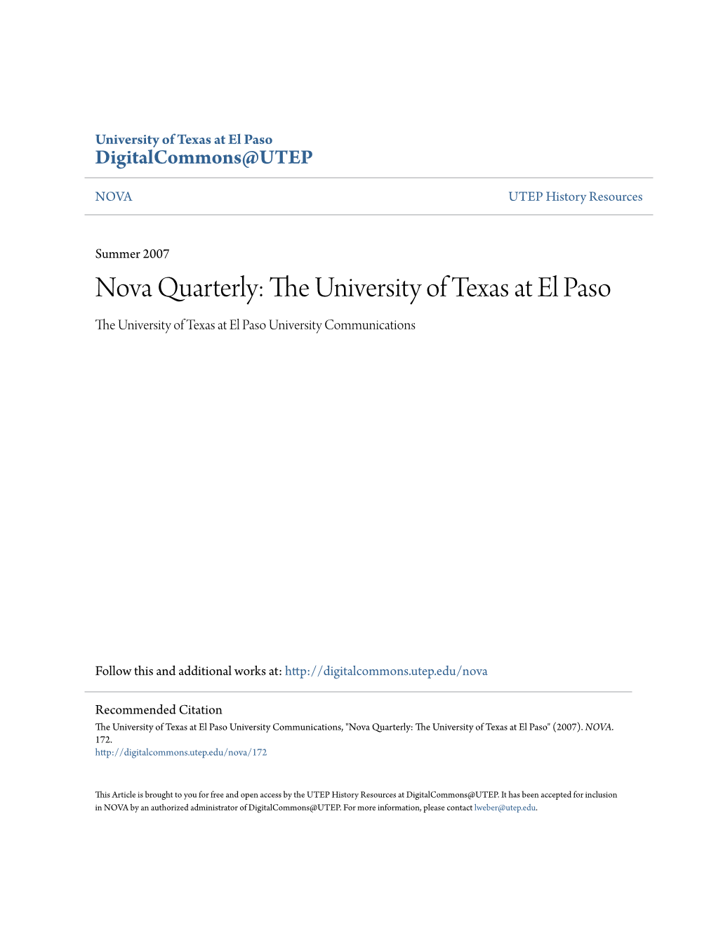 Nova Quarterly: the University of Texas at El Paso