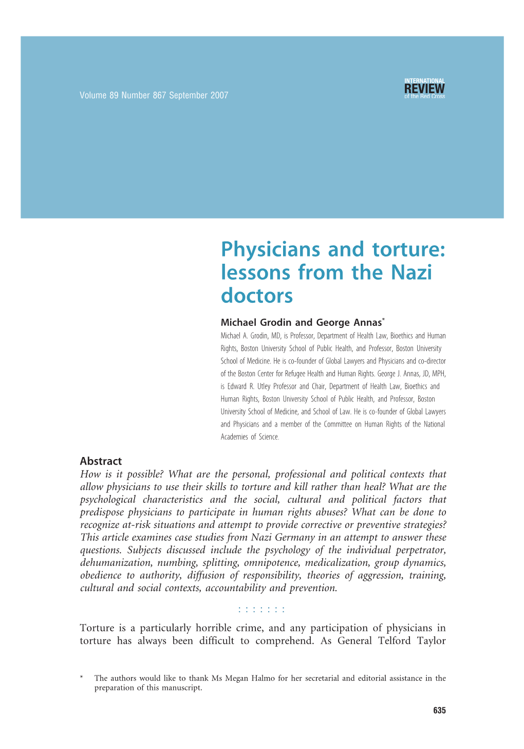 Physicians and Torture: Lessons from the Nazi Doctors Michael Grodin and George Annas* Michael A
