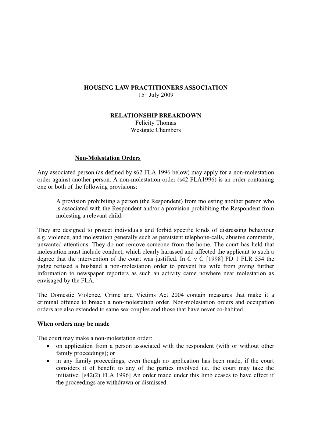 Occupation Orders and Non-Molestation Orders