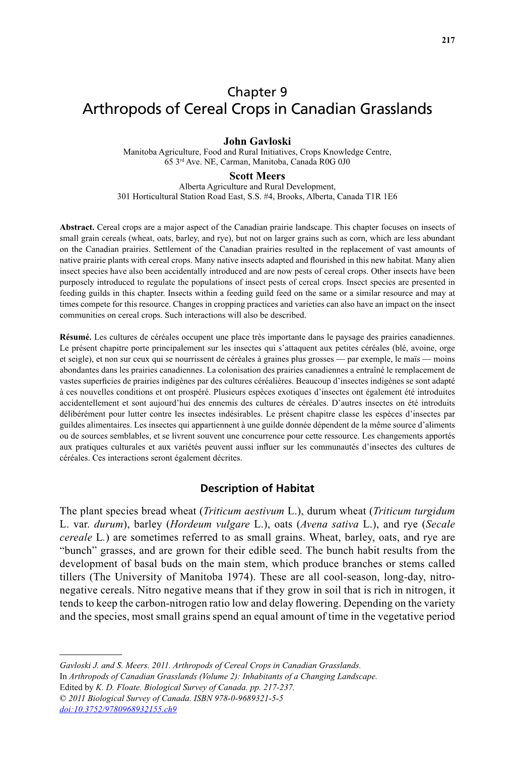 Chapter 9. Arthropods of Cereal Crops in Canadian Grasslands