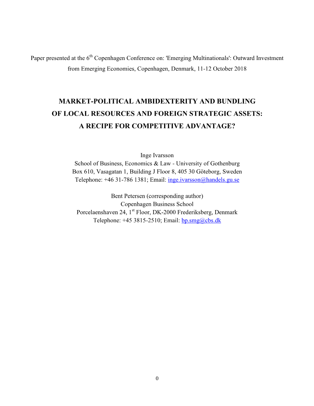 Market-Political Ambidexterity and Bundling of Local Resources and Foreign Strategic Assets: a Recipe for Competitive Advantage?