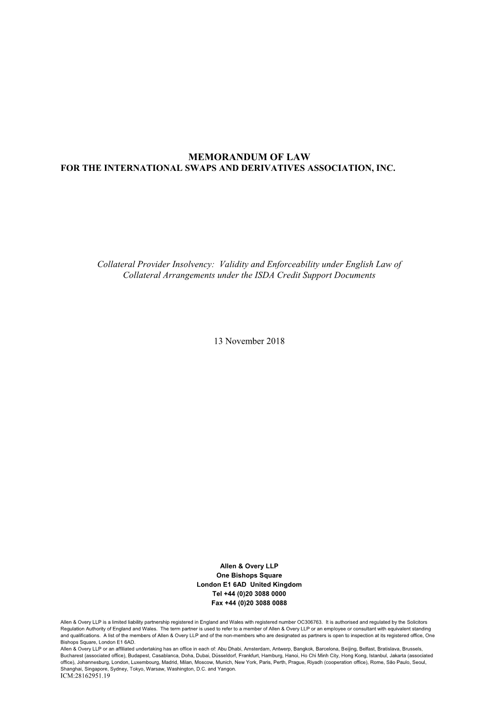 Memorandum of Law for the International Swaps and Derivatives Association, Inc