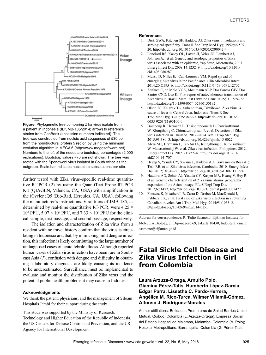 Fatal Sickle Cell Disease and Zika Virus Infection in Girl from Colombia