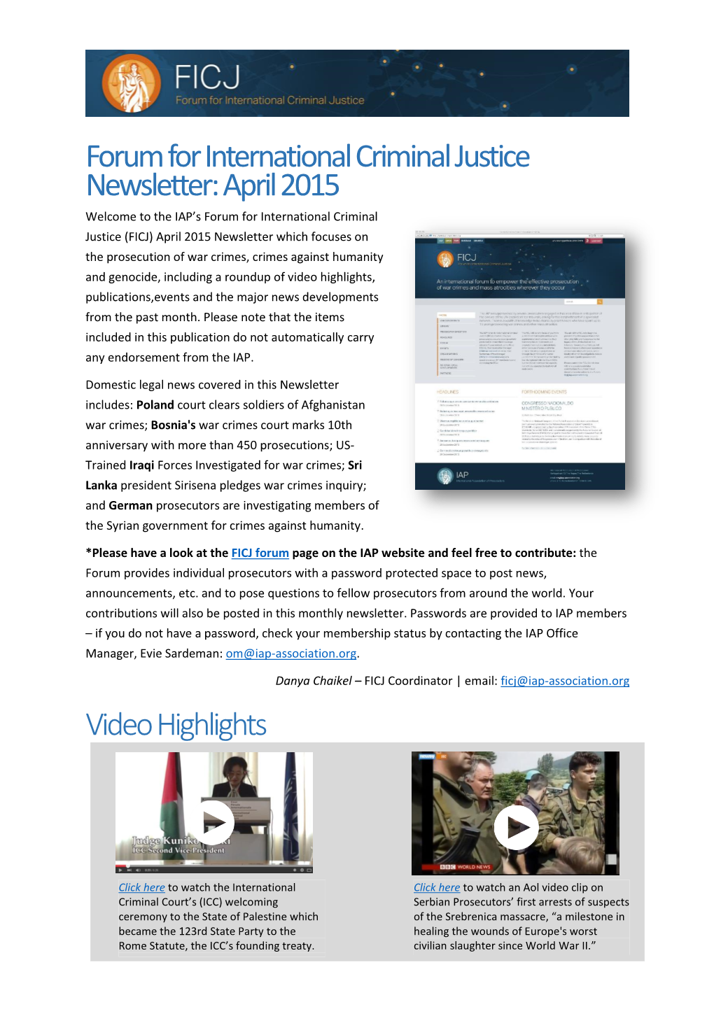 Forum for International Criminal Justice Newsletter: April 2015