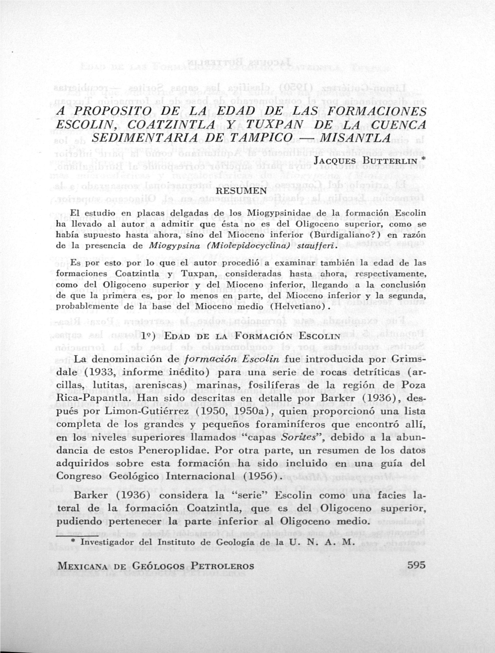 A Proposito De La Edad De Las Formaciones Escolin, Coatzintla Y Tuxpan De La Cuenca Sedimentaria De Tampico — Misantla