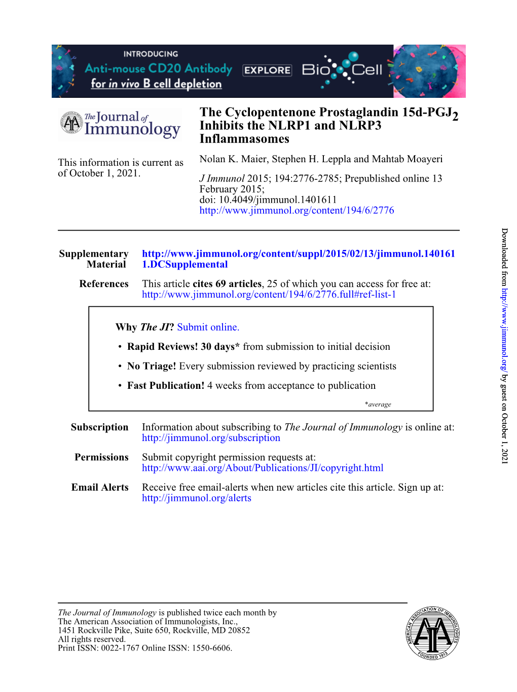 Inflammasomes Inhibits the NLRP1 and NLRP3 2 the Cyclopentenone Prostaglandin 15D-PGJ