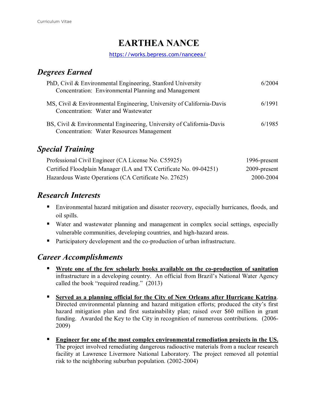 University of New Orleans Assistant Professor, Planning and Urban Studies 8/2009-6/2013