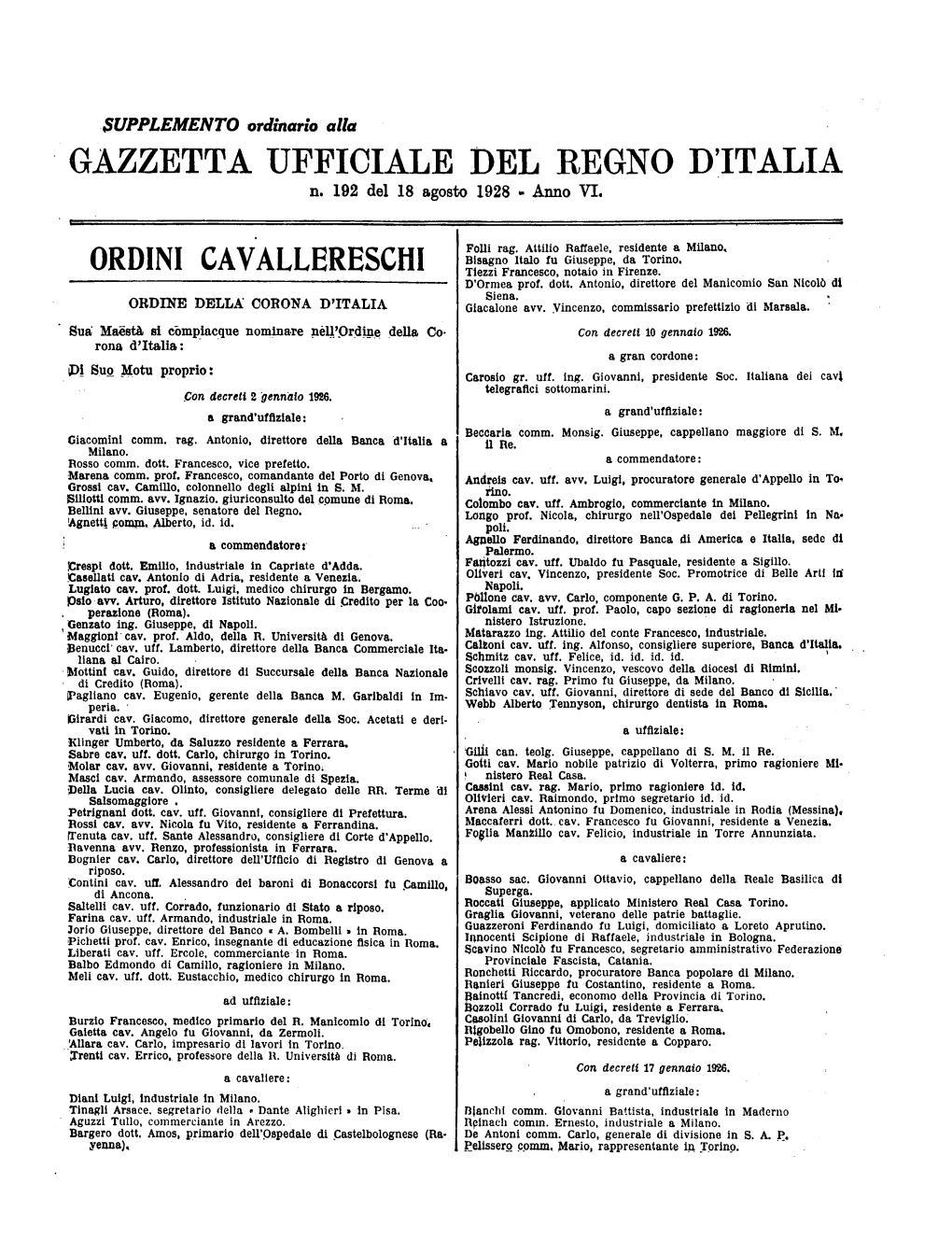 Gazzetta Ufficiale Del Regno D'italia N. 192 Del 18 Agosto 1928
