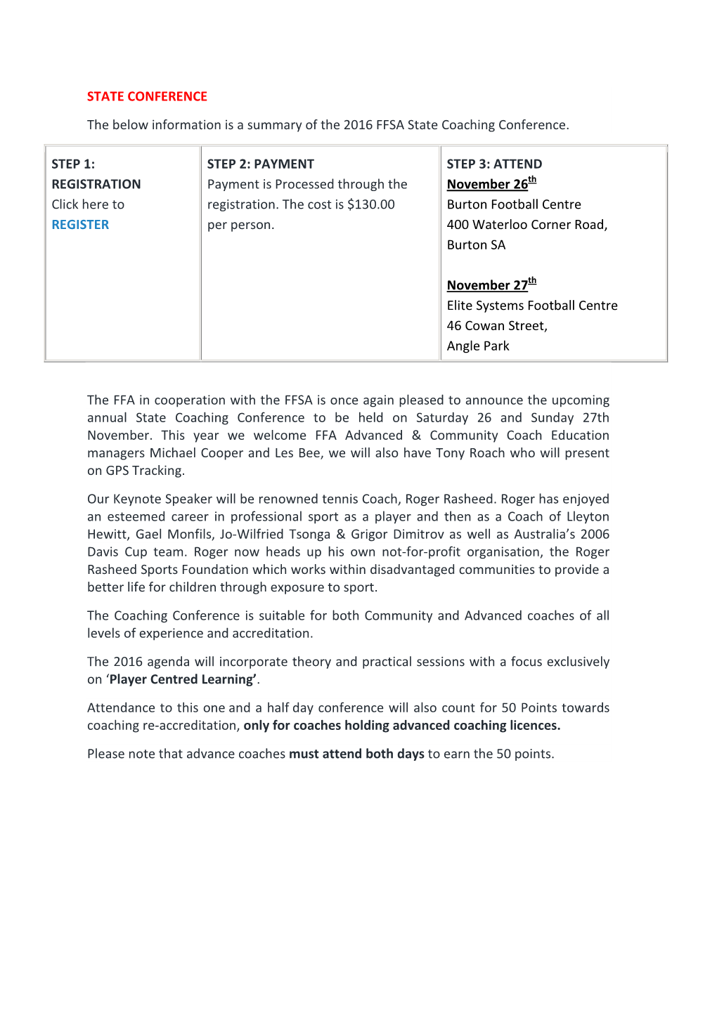 STATE CONFERENCE the Below Information Is a Summary of the 2016 FFSA State Coaching Conference