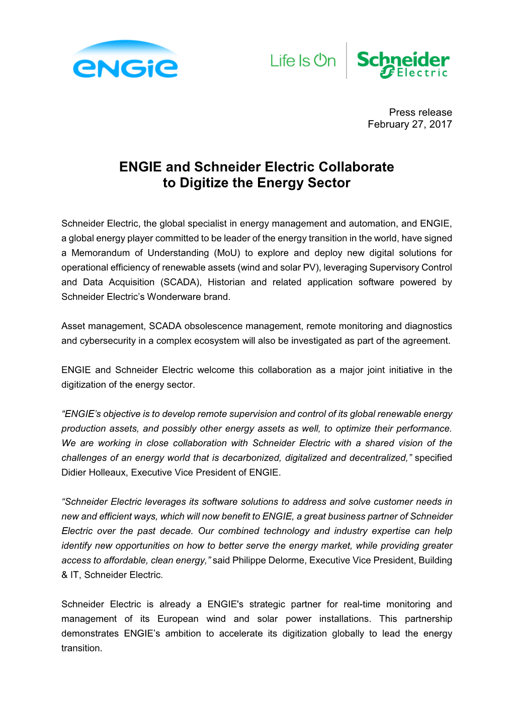 ENGIE and Schneider Electric Collaborate to Digitize the Energy Sector