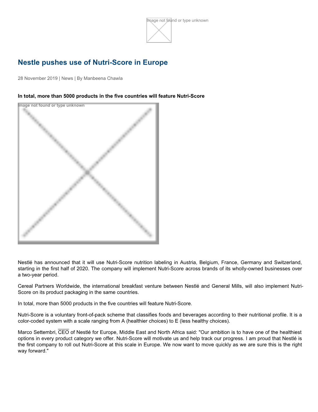 Nestle Pushes Use of Nutri-Score in Europe
