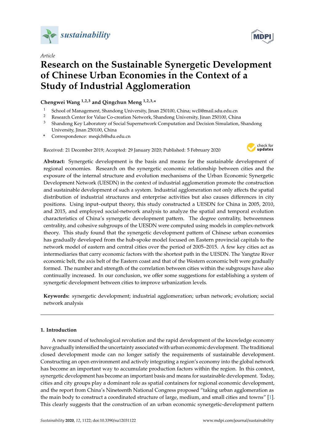 Research on the Sustainable Synergetic Development of Chinese Urban Economies in the Context of a Study of Industrial Agglomeration