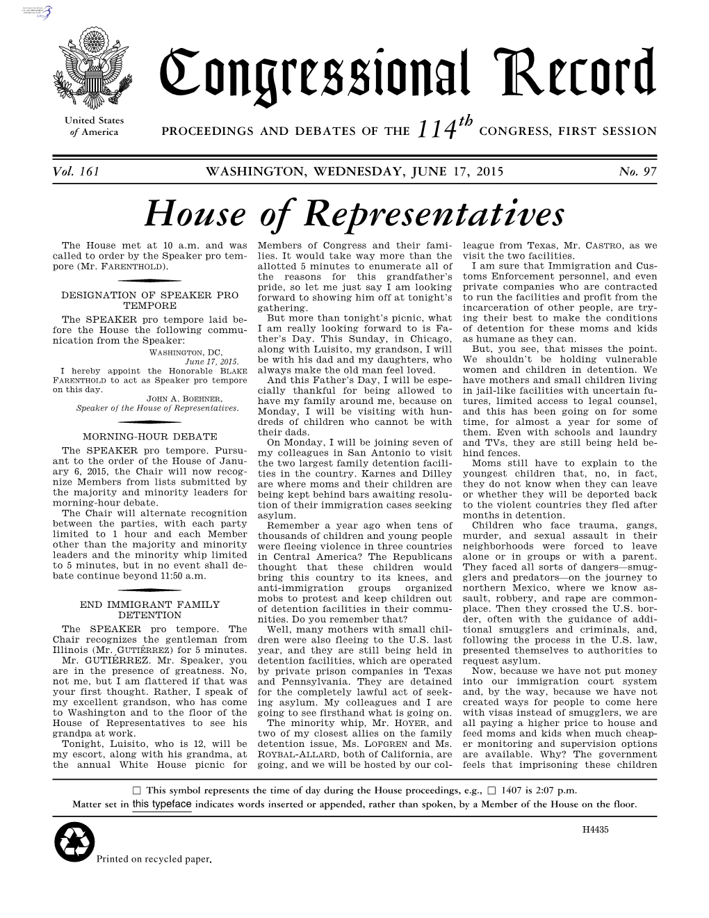 Congressional Record United States Th of America PROCEEDINGS and DEBATES of the 114 CONGRESS, FIRST SESSION