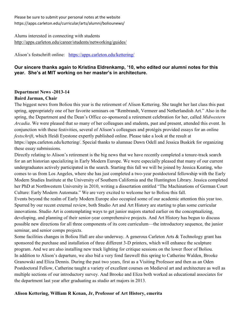 Alums Interested in Connecting with Students Alison's Festschrift