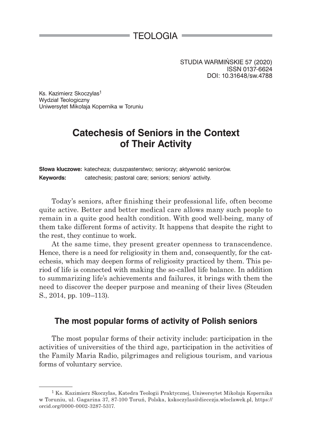 Catechesis of Seniors in the Context of Their Activity