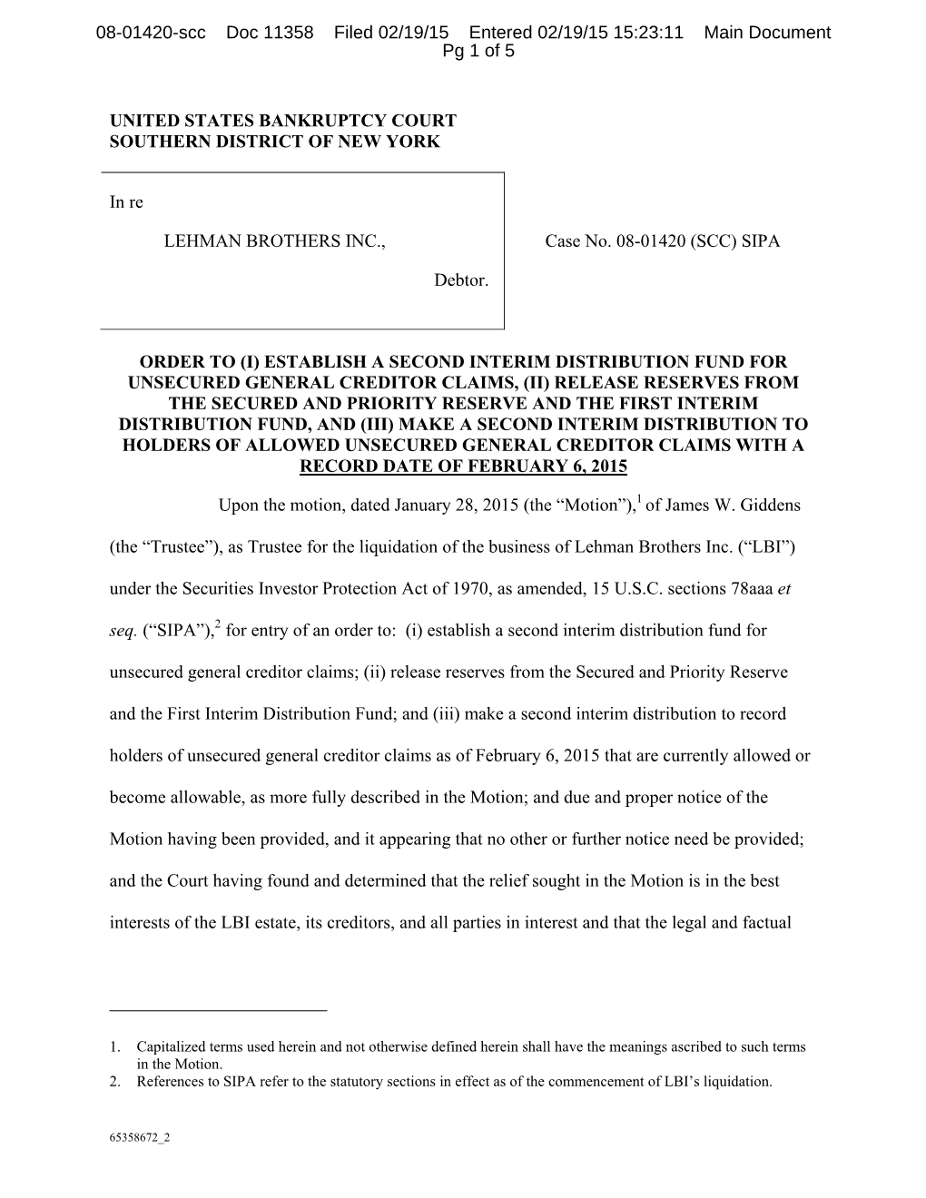 08-01420-Scc Doc 11358 Filed 02/19/15 Entered 02/19/15 15:23:11 Main Document Pg 1 of 5