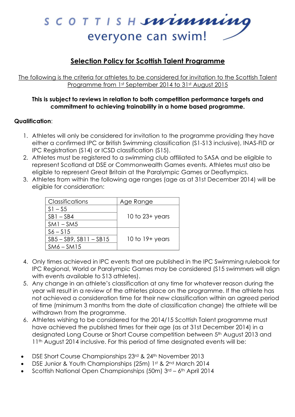 Selection Policy for Scottish National Junior Squad