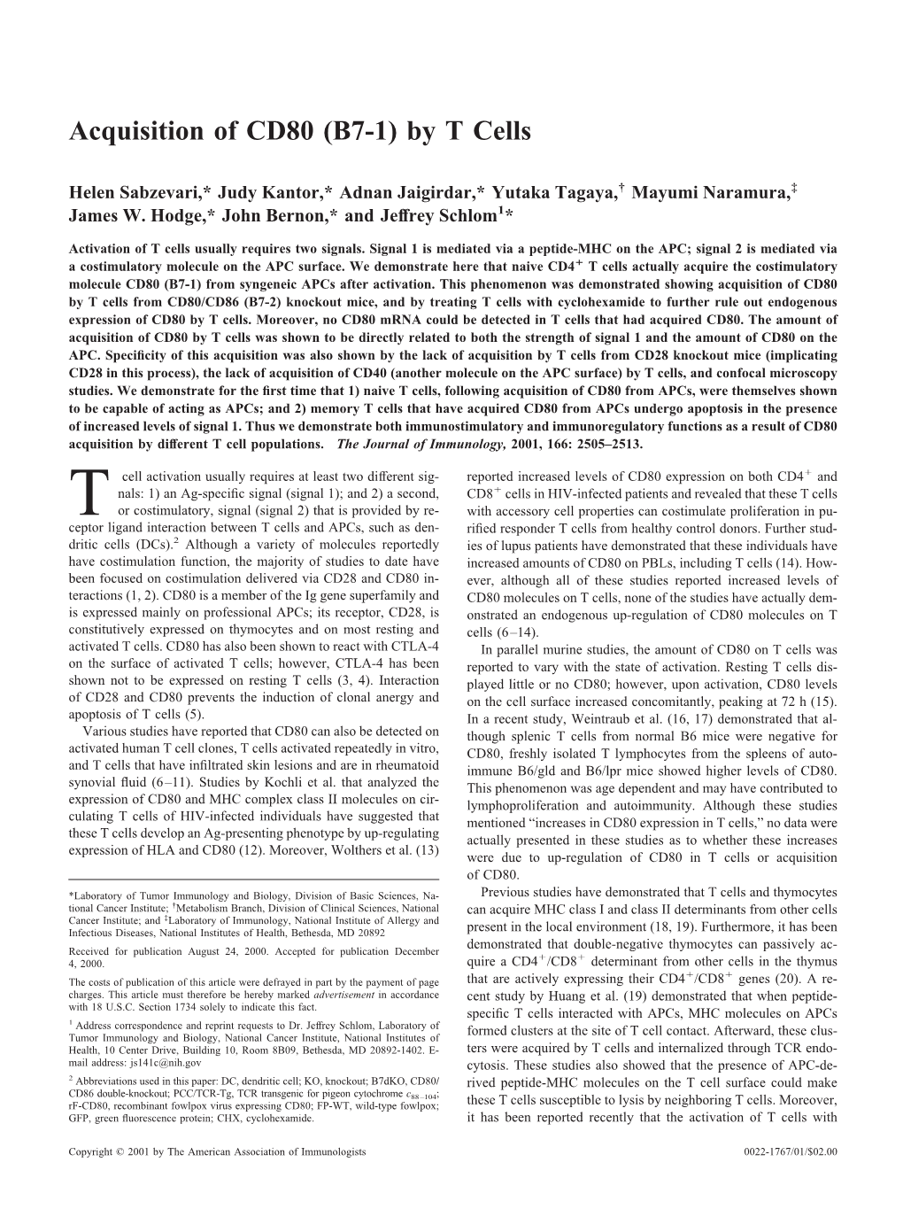 Acquisition of CD80 (B7-1) by T Cells