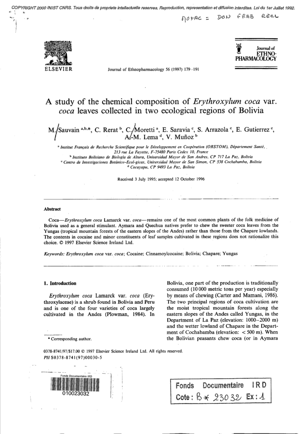 A Study of the Chemical Composition of Erythroxylum Coca Var. Coca Leaves Collected in Two Ecological Regions of Bolivia