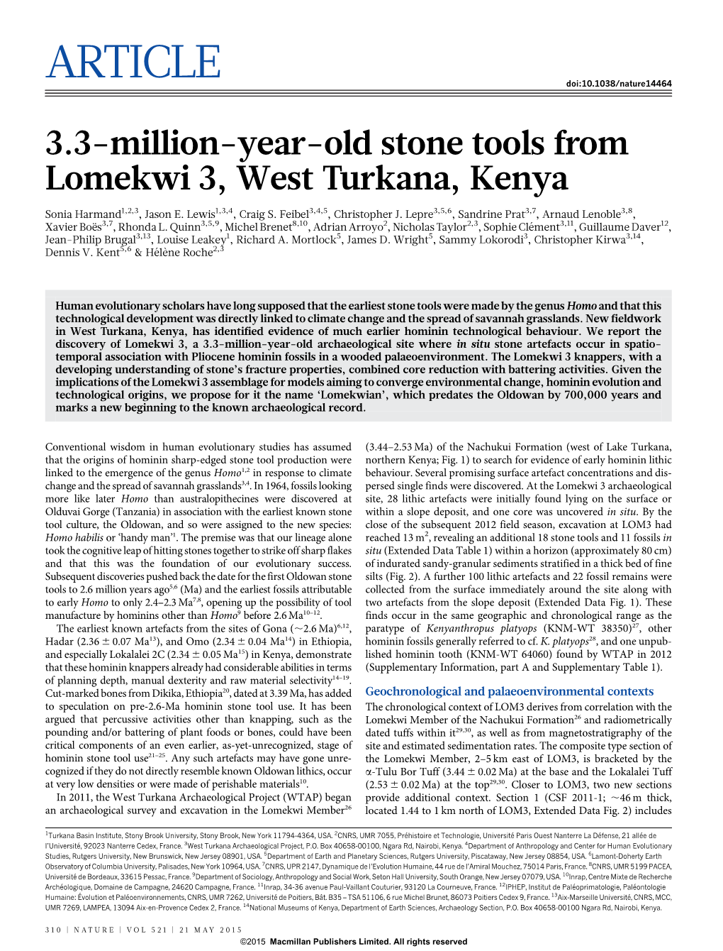 3.3-Million-Year-Old Stone Tools from Lomekwi 3, West Turkana, Kenya