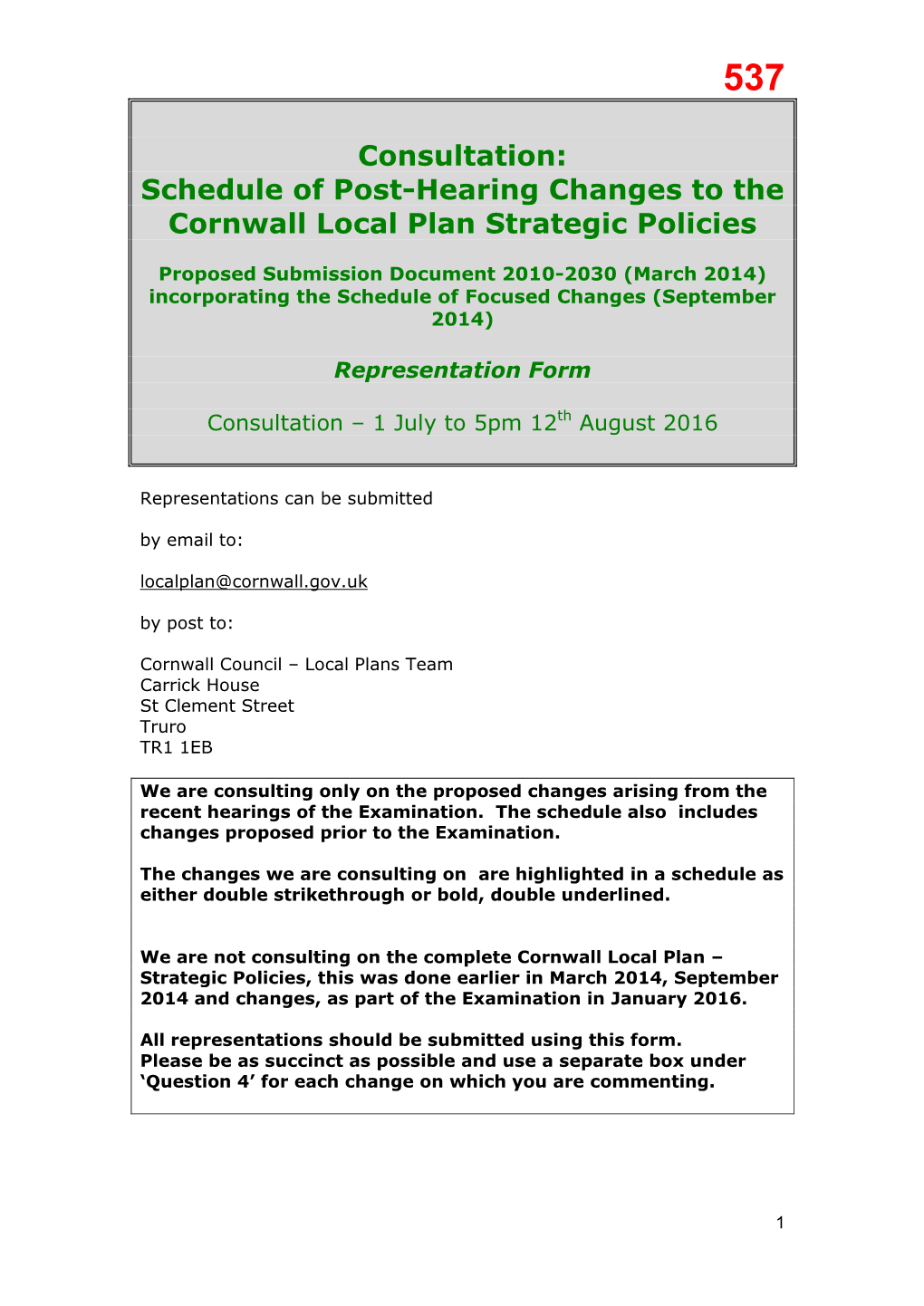 Schedule of Post-Hearing Changes to the Cornwall Local Plan Strategic Policies
