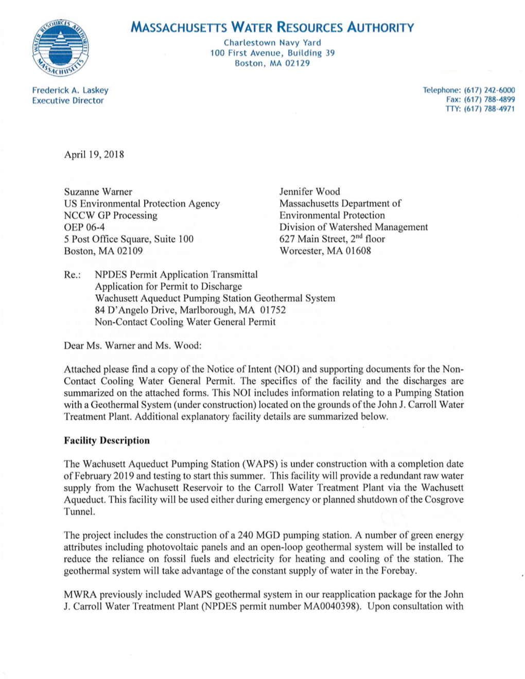 Wachusett Aqueduct Pumping Station Geothermal System 84 D'angelo Drive, Marlborough, MA 01752 Non-Contact Cooling Water General Permit