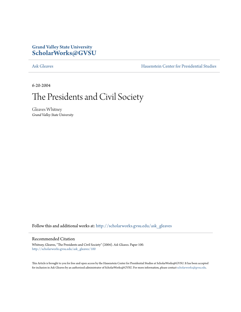 The Presidents and Civil Society - Hauenstein Center for Presidential Studi