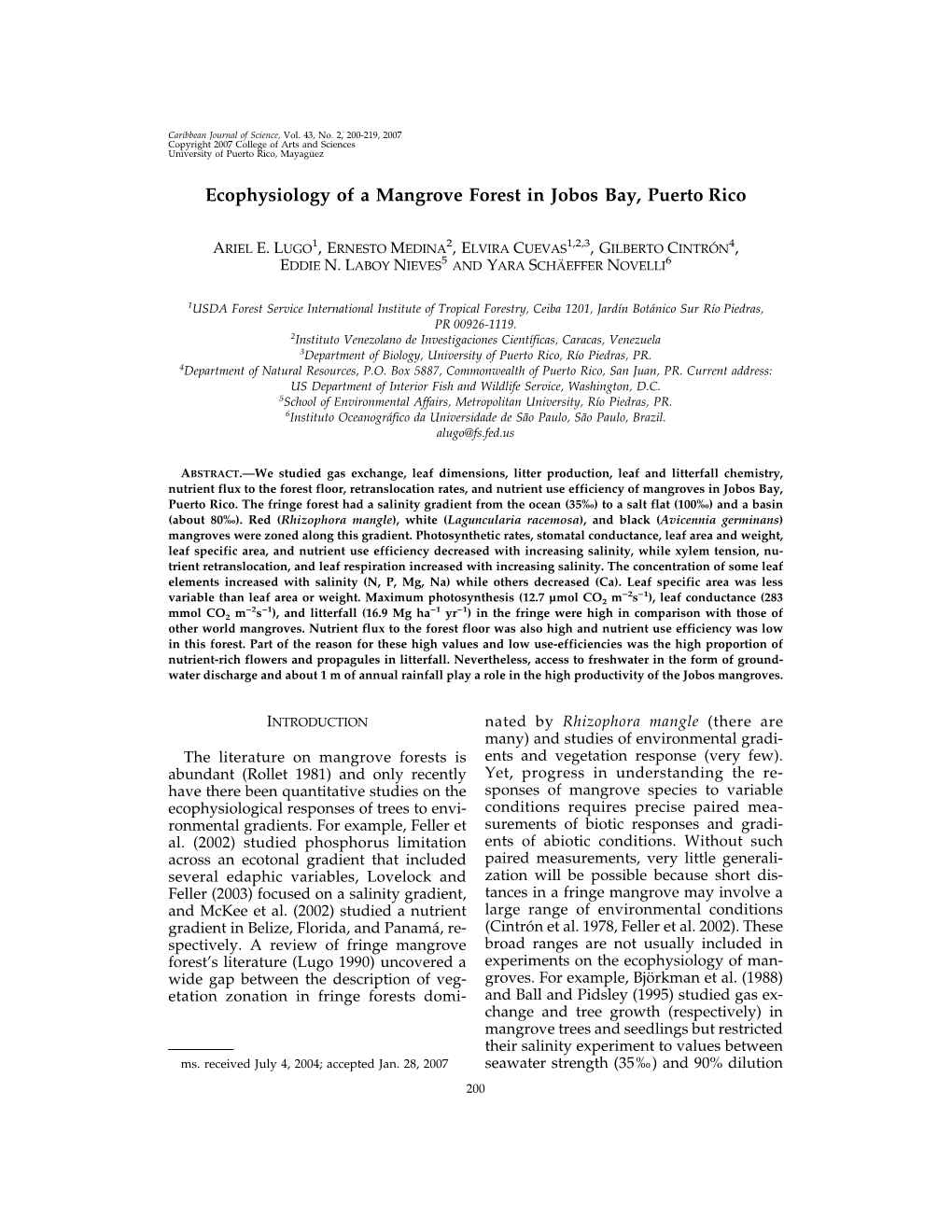 Ecophysiology of a Mangrove Forest in Jobos Bay, Puerto Rico