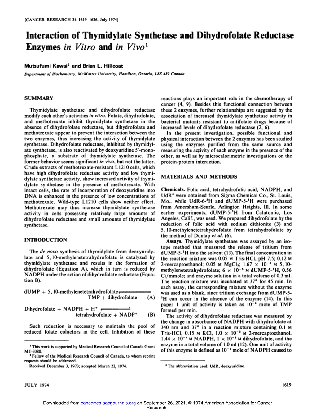 Interaction of Thymidylate Synthetase and Dihydrofolate Reductase Enzymes in Vitro and in Vivo'