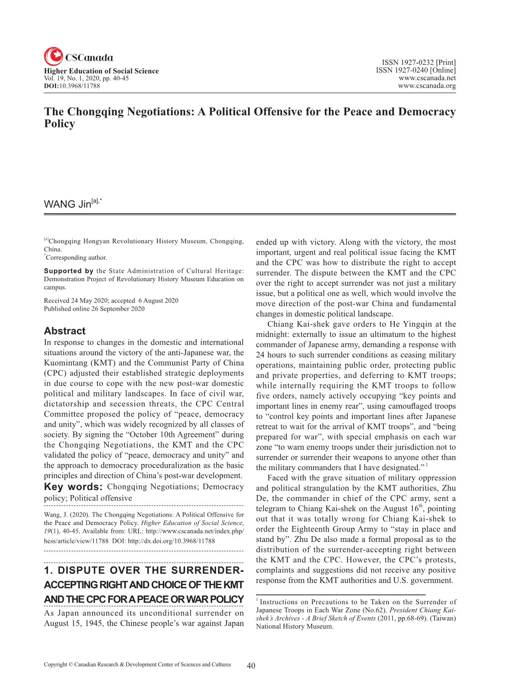 The Chongqing Negotiations: a Political Offensive for the Peace and Democracy Policy