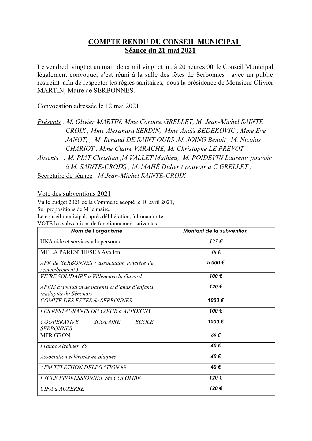 COMPTE RENDU DU CONSEIL MUNICIPAL Séance Du 21 Mai 2021