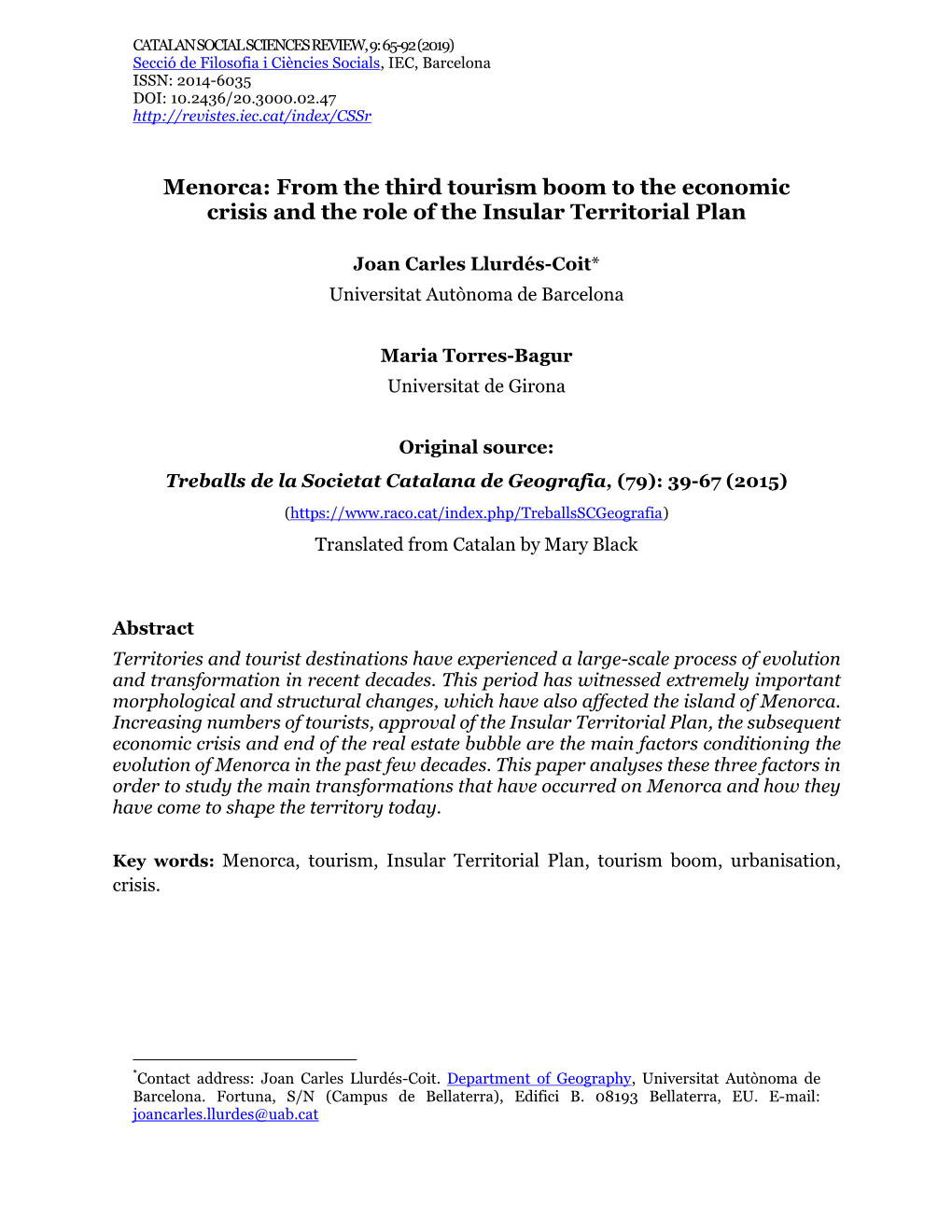 Menorca: from the Third Tourism Boom to the Economic Crisis and the Role of the Insular Territorial Plan