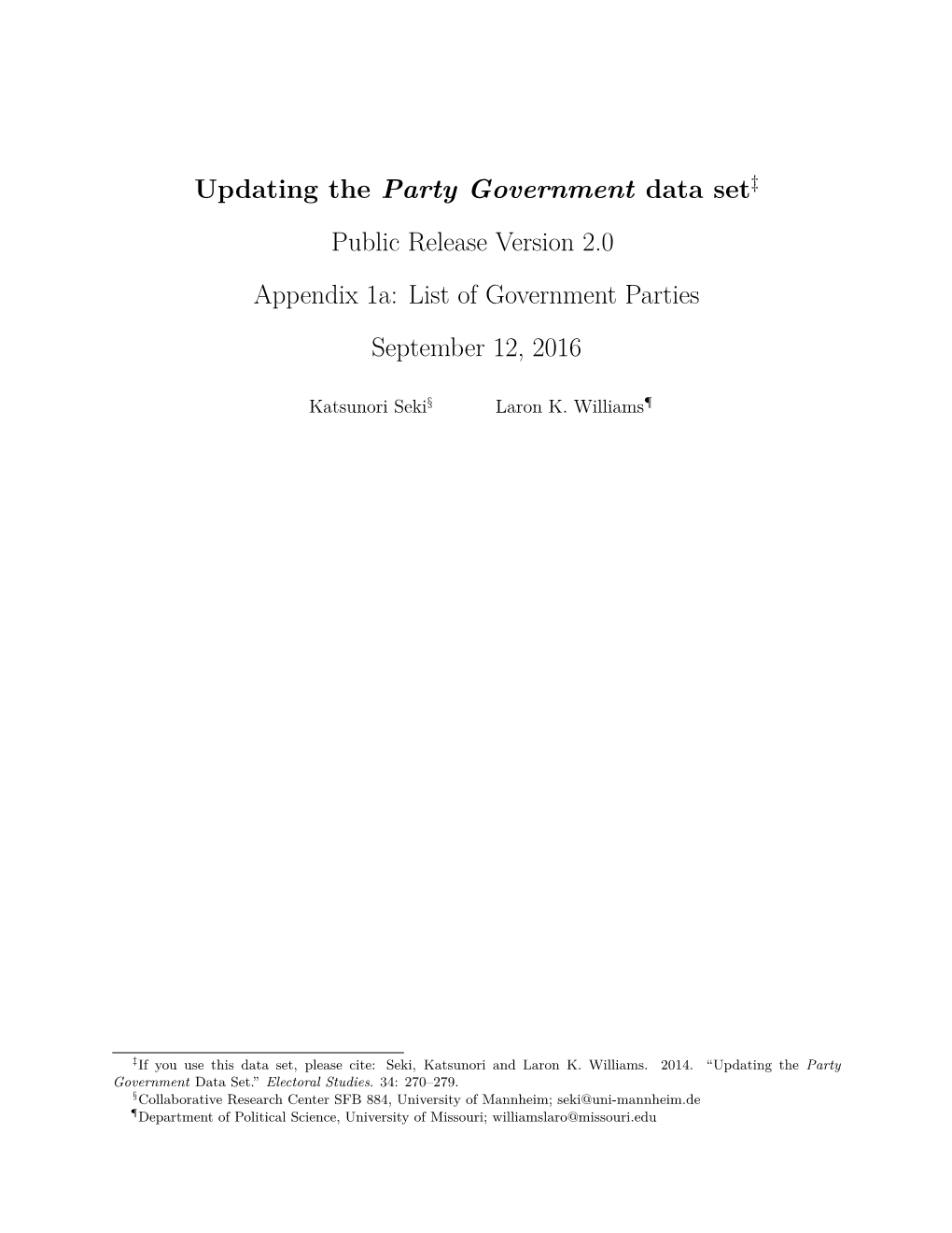 Appendix 1A: List of Government Parties September 12, 2016