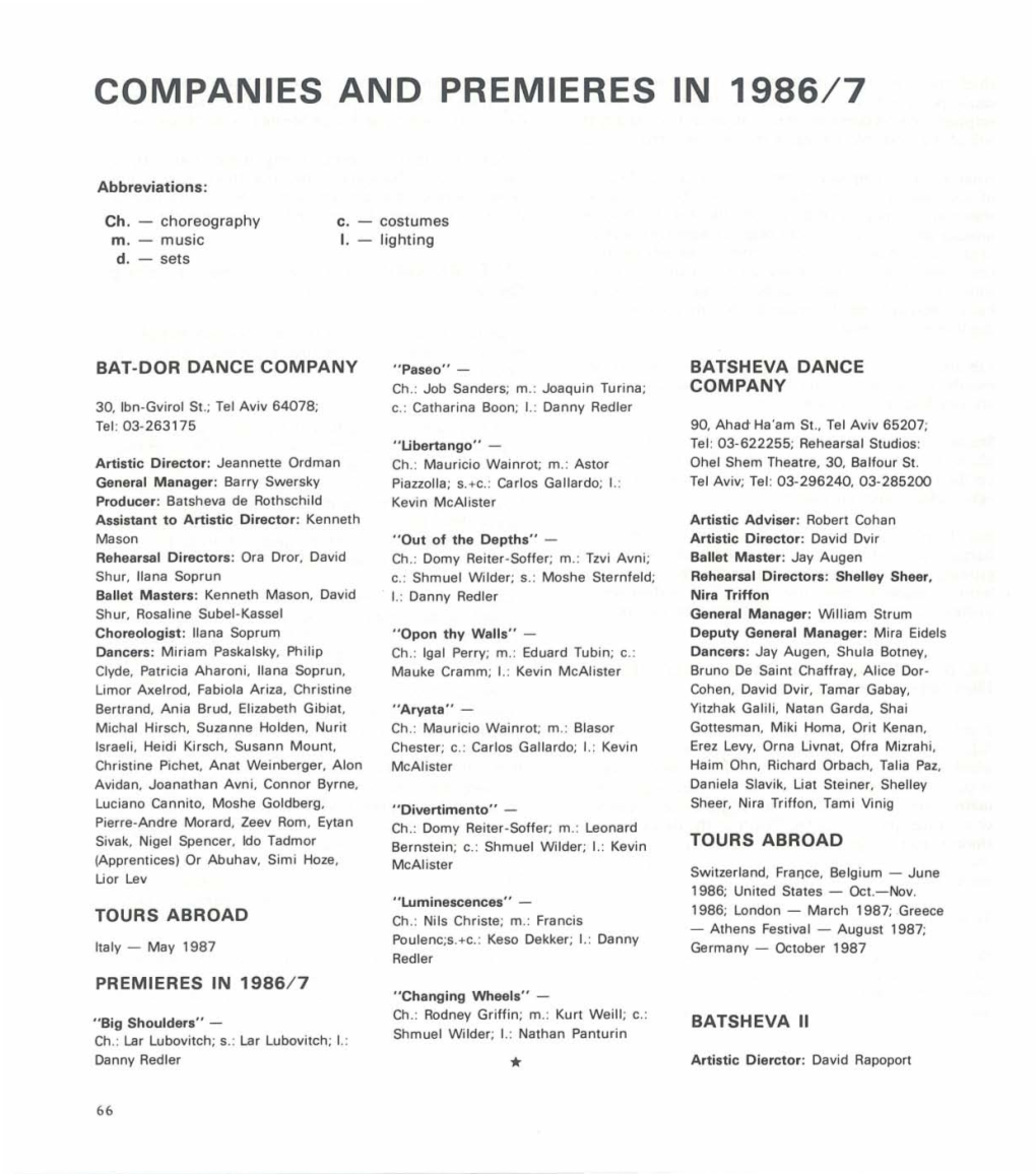 Companies and Premieres in 1986/7